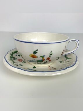 Gien Oiseaux De Paradis Coffee Tea Cup Saucer France Bird Floral Flowers Vtg